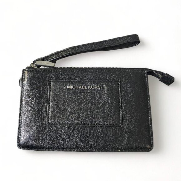 NWOT- MICHAEL KORS - Black GLITTER Wristlet Small Pocket Leather Wallet Metallic - Picture 1 of 4